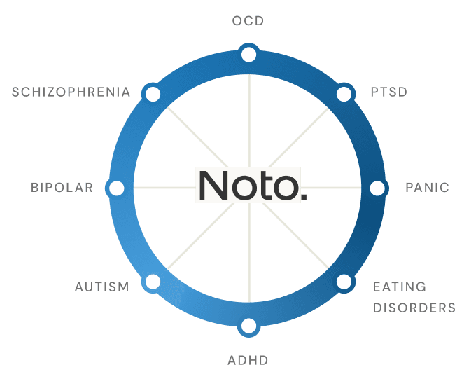 Spoked wheel with "NOTO" at the hub and at the end of each spoke it reads "eating disorders", "bipolar", "panic", "PTSD", "Schizophrenia" "OCD", "ADHD", "Autism"